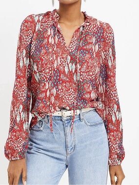 LOFT Garden Textured Ruffle Tie Neck Top Red Floral Pattern medium NWT